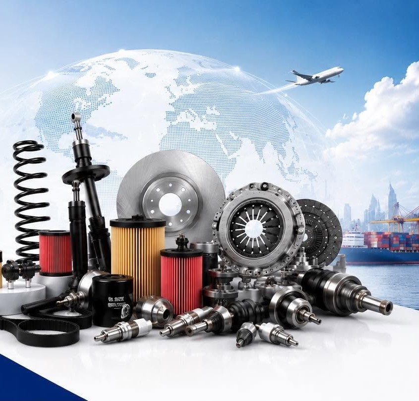 A montage of genuine Japanese auto parts — coil springs, brake discs, clutch kits, filters and drive shafts